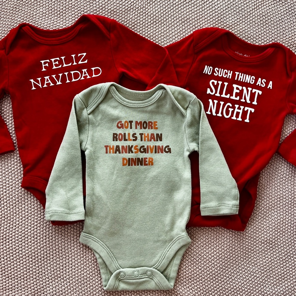 Okie Dokie Holiday Bodysuit Trio - Red and Tan